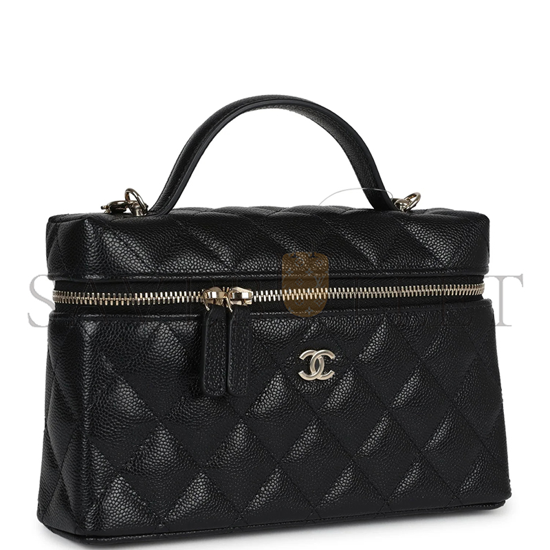 CHANEL CC TOP HANDLE LONG VANITY CASE WITH CHAIN BLACK SHINY CAVIAR LIGHT GOLD HARDWARE 1109942 (19.5*17*5cm)
